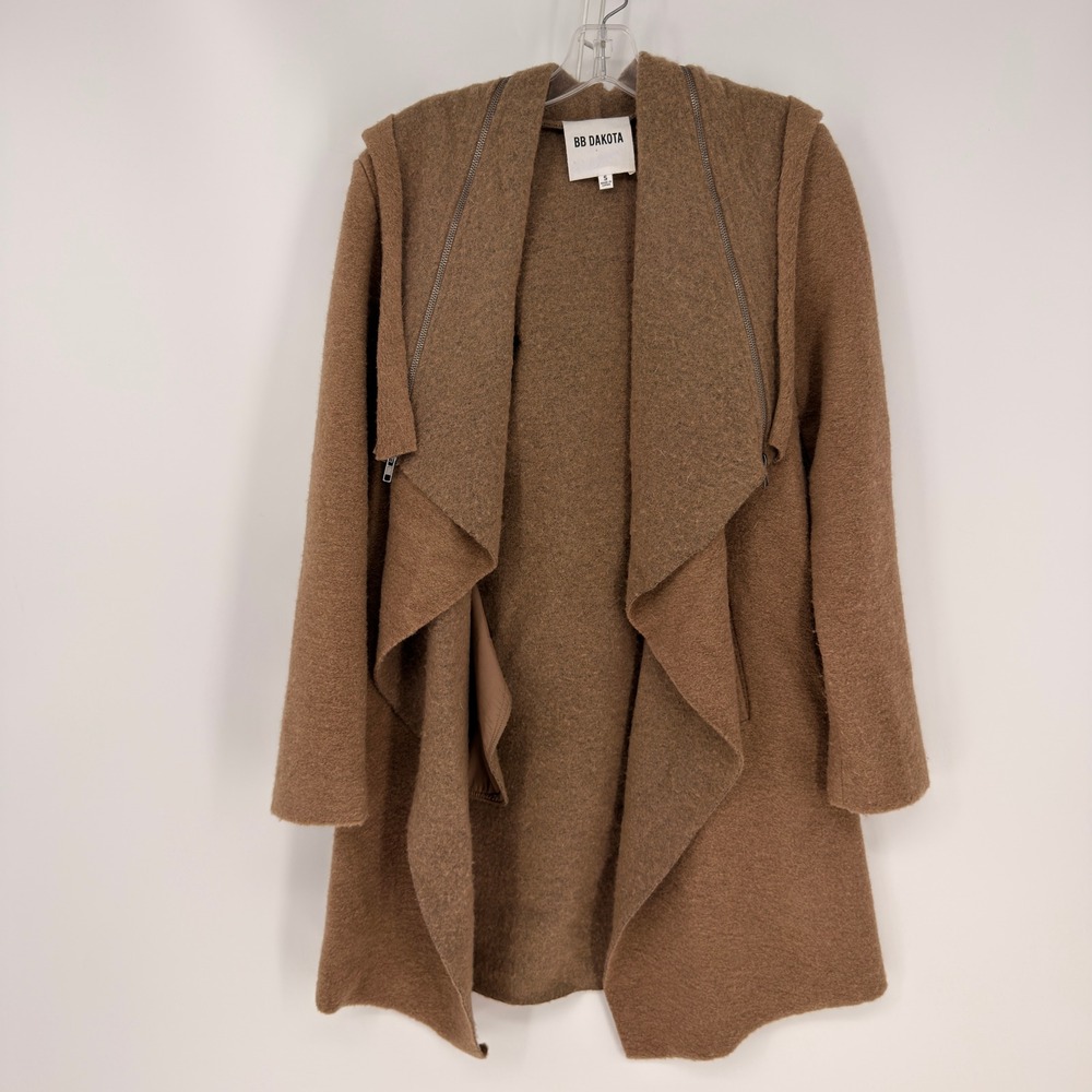 BB Dakota Draped Hooded Coat Womens Small Brown Wool Blend Asymmetric Layering
